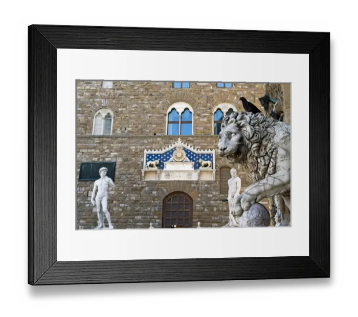 Framed Print : Palazzo Vecchio (15th century), The Marzocco Lion and statue of David, Piazza della Signoria Framed Print : Palazzo Vecchio (15th century), The Marzocco Lion and statue of David, Piazza della Signoria
