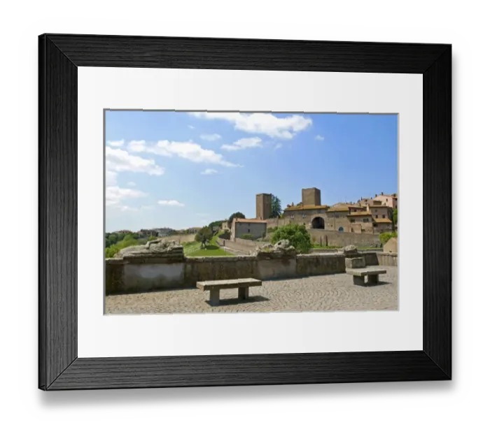Framed Print : View of Tuscania from Bastianini Square and Etruscan sarcophagus, Viterbo province Framed Print : View of Tuscania from Bastianini Square and Etruscan sarcophagus, Viterbo province