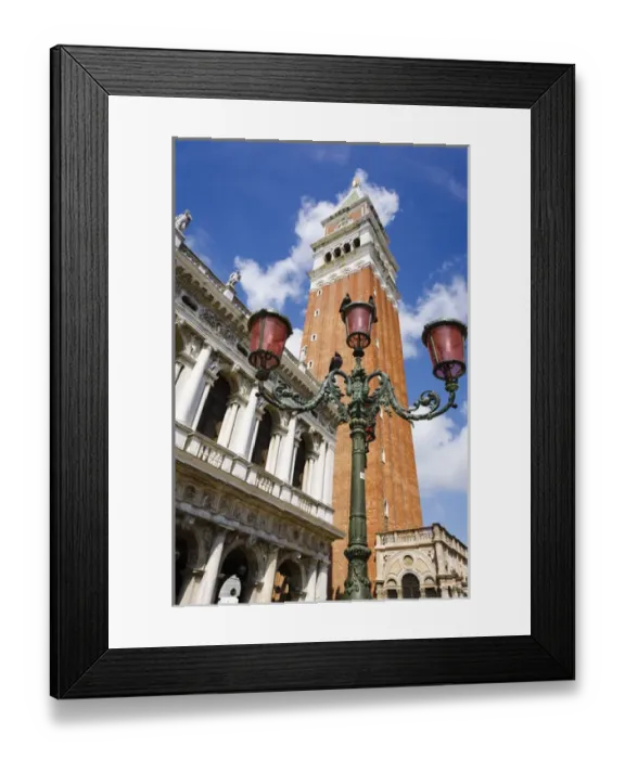 Framed Print : Campanile San Marco (St Marks Basilica bell tower) and street lamp, Venice, Veneto