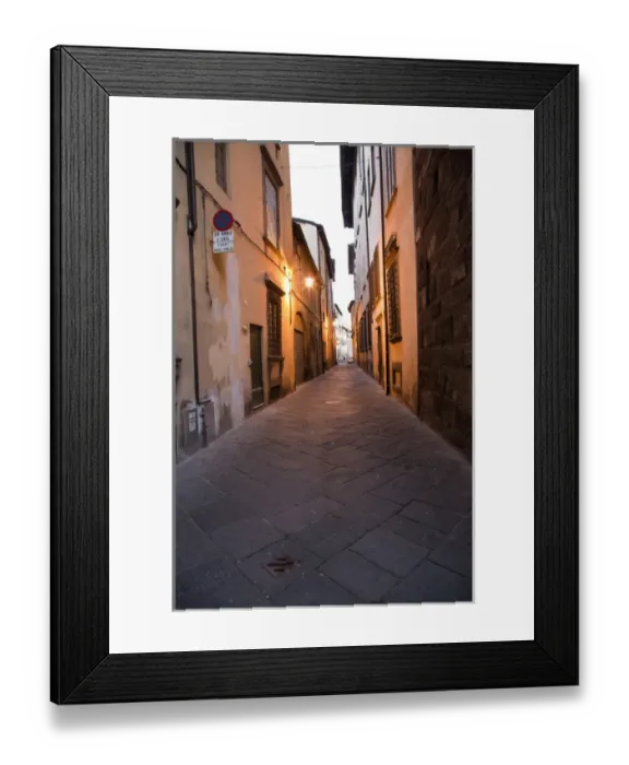 Framed Print : Europe; Italy; Lucca; Back Alley as evening Lights come Framed Print : Europe; Italy; Lucca; Back Alley as evening Lights come
