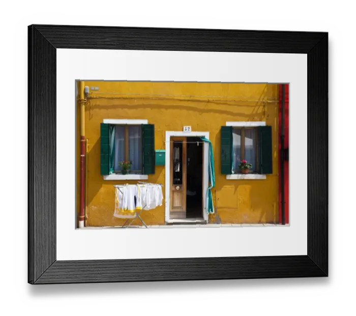 Framed Print : Europe; Italy; Burano; Bright Colored Home with Laundry Out