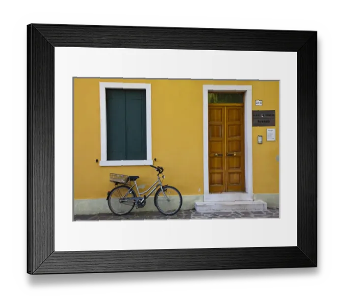 Framed Print : Europe; Italy; Burano; Bright Colored Homes Along the Canal with Bicycle