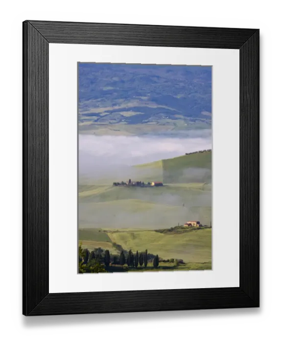 Framed Print : Europe; Italy; Tuscany; Pienza; Villa with Wheat Fields in Fog Framed Print : Europe; Italy; Tuscany; Pienza; Villa with Wheat Fields in Fog