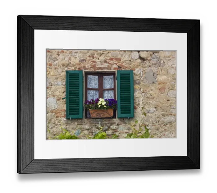 Framed Print : Europe; Italy; Monteriggoni; Flower Box full of Spring Flowers and Window Shutter