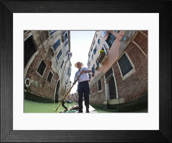 Framed Print : Euorpe; Italy; Venice; Wide Angle of Gondolier Traveling the Canals of Venice