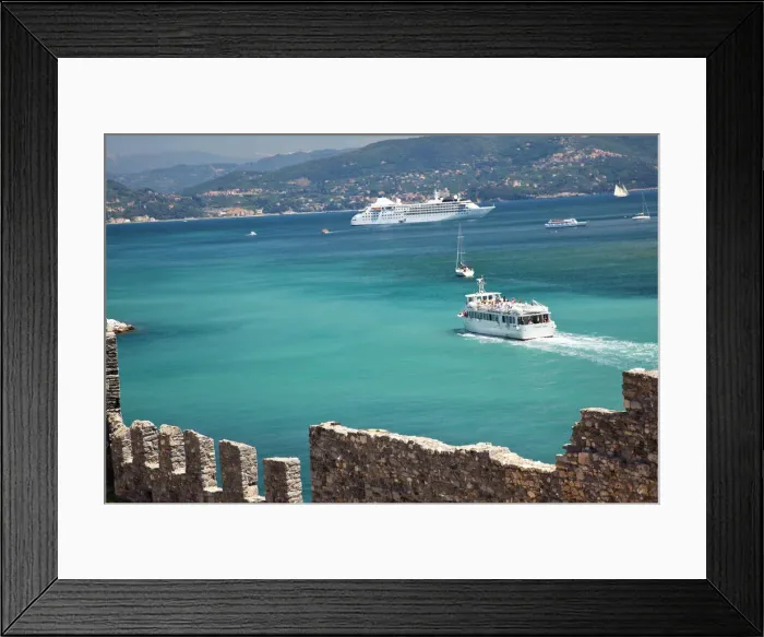 Framed Print : Europe; Italy; La Spezia; Portovenere; Portovenerre Harbor with Cruise Ship at Anchor