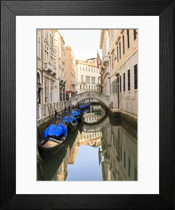 Framed Print : Gondola parking under Bridge. Venice. Italy