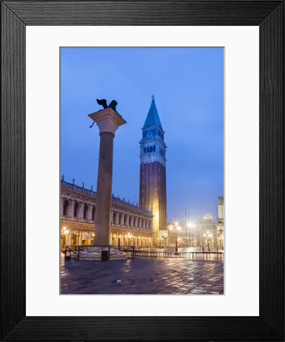 Framed Print : Venezian Lion Statue and the Campanile early Morning. Venice. Italy