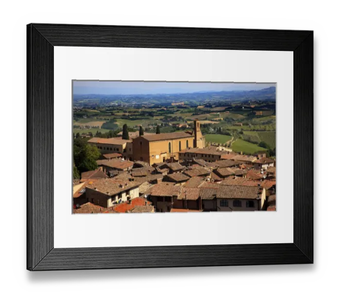 Framed Print : Old Tuscan Town Church Red Brick Roofs Countryside Vineyards San Gimignano Tuscany Italy