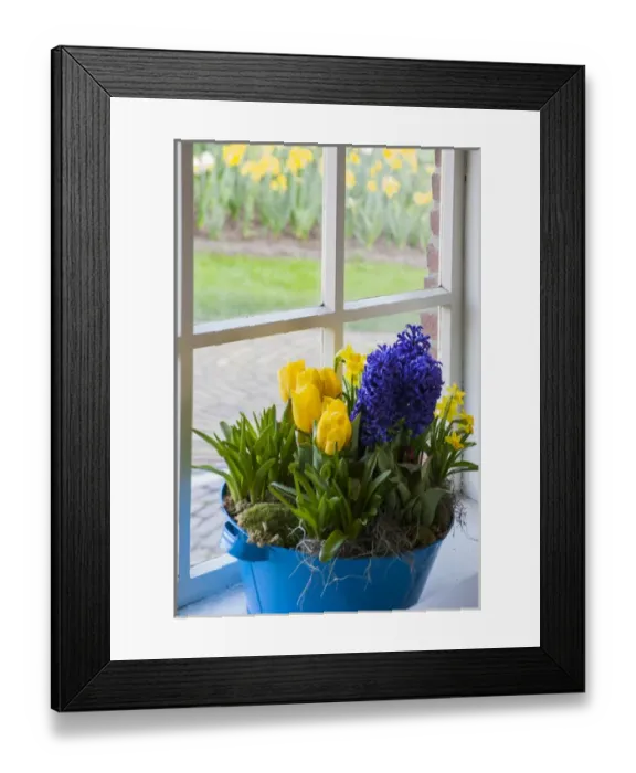 Framed Print : Window with spring flower arrangement