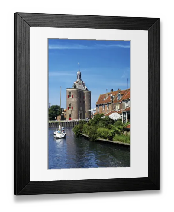 Framed Print : Netherlands; Enkhuizen; Classic Dutch vessels in the canal; Drommedaris Tower in Framed Print : Netherlands; Enkhuizen; Classic Dutch vessels in the canal; Drommedaris Tower in