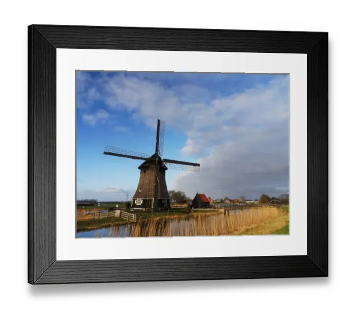 Framed Print : Europe; Netherlands; Nord Holland; Windmill along canal of Nord Holland