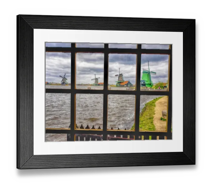 Framed Print : Europe; Netherlands; Zaandam; Zaanse Schans windmills on a cloudy day