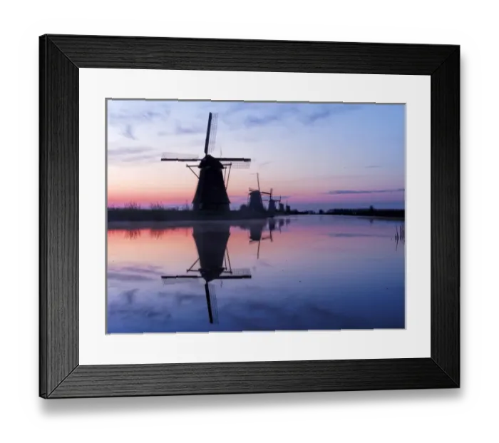 Framed Print : Europe; Netherlands; Kinderdijk; Windmills at Sunrise along the canals of Kinderdijk
