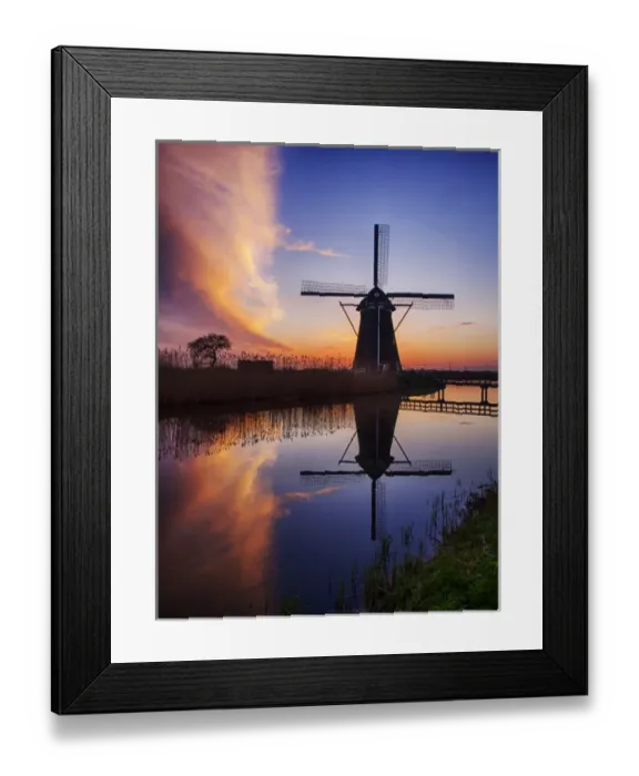 Framed Print : Europe; Netherlands; Kinderdijk; Sunrise along the canal with Windmills