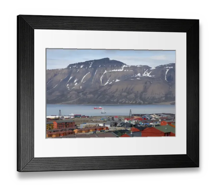 Framed Print : Europe, Norway, Svalbard, Longyearbyen. Overlooking the town and harbor. Credit as Framed Print : Europe, Norway, Svalbard, Longyearbyen. Overlooking the town and harbor. Credit as