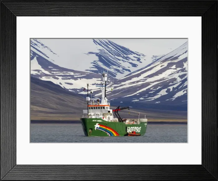 Framed Print : Europe, Norway, Svalbard, Longyearbyen. Greenpeace ship Arctic Sunrise moored in harbor