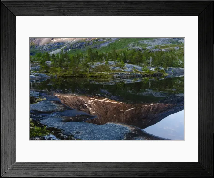 Framed Print : Norway, Nordland. Sunlit mountains reflecting into a lake just before midnight Framed Print : Norway, Nordland. Sunlit mountains reflecting into a lake just before midnight