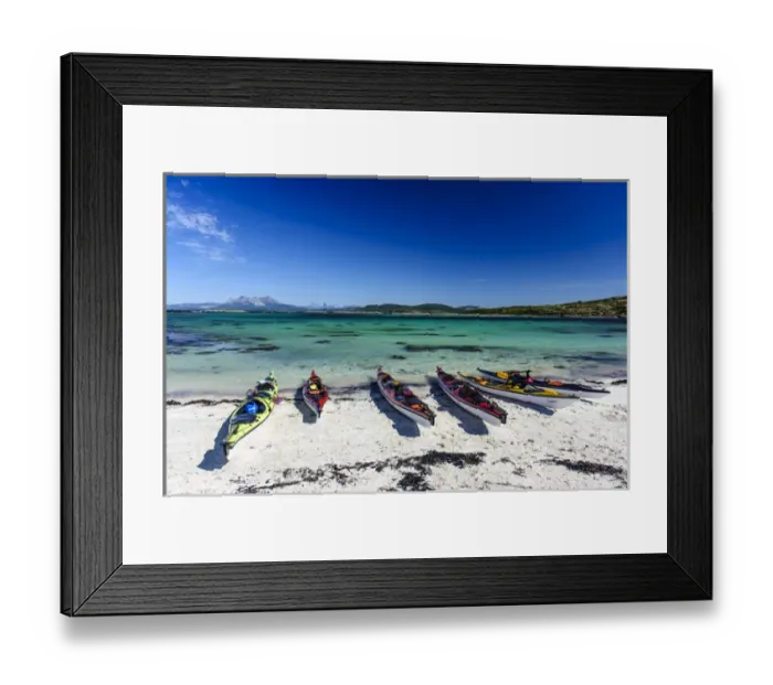 Framed Print : Norway, Nordland. Sea kayaks on a coral-sand beach along Vestfjorden Framed Print : Norway, Nordland. Sea kayaks on a coral-sand beach along Vestfjorden