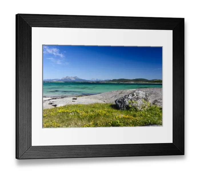 Framed Print : Norway, Nordland. Glacially polished rock slabs mixes with sandy beaches along Vestfjorden