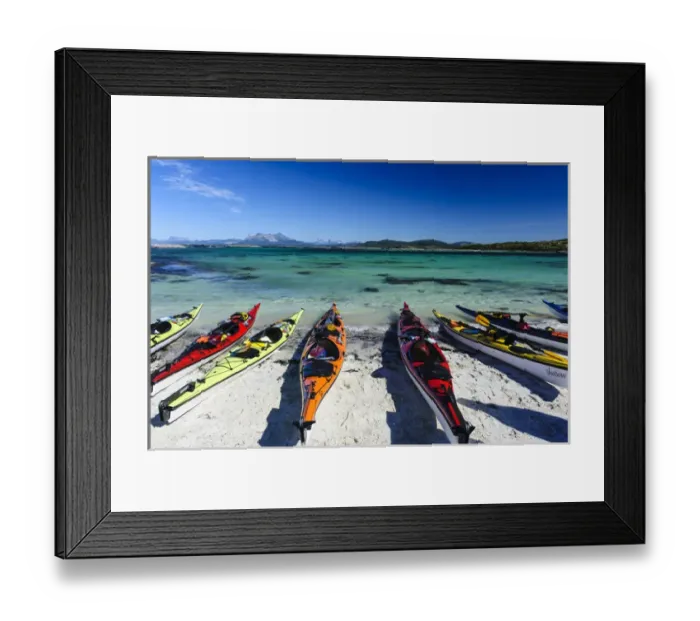 Framed Print : Norway, Nordland. Sea kayaks on a coral-sand beach along Vestfjorden Framed Print : Norway, Nordland. Sea kayaks on a coral-sand beach along Vestfjorden