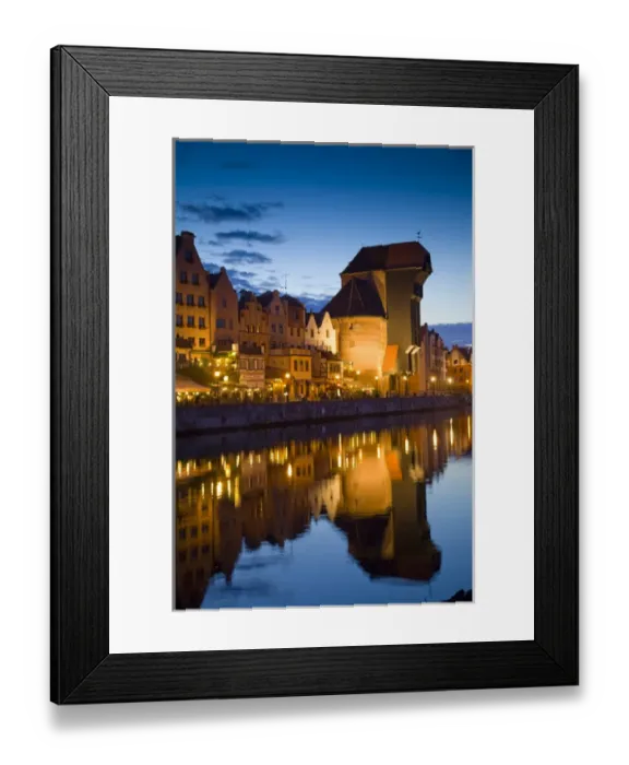 Framed Print : Europe, Poland, Gdansk. Buildings reflect in port water at sunset Framed Print : Europe, Poland, Gdansk. Buildings reflect in port water at sunset