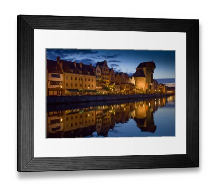 Framed Print : Europe, Poland, Gdansk. Buildings reflect in port water at sunset Framed Print : Europe, Poland, Gdansk. Buildings reflect in port water at sunset