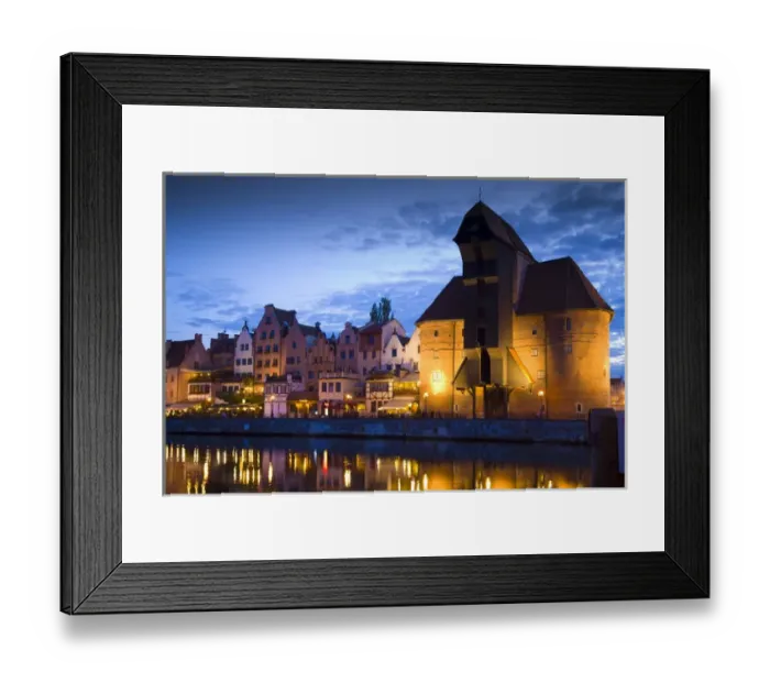 Framed Print : Europe, Poland, Gdansk. Buildings reflect in port water at sunset Framed Print : Europe, Poland, Gdansk. Buildings reflect in port water at sunset