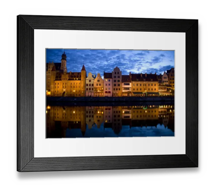 Framed Print : Europe, Poland, Gdansk. Buildings reflect in port water at sunset Framed Print : Europe, Poland, Gdansk. Buildings reflect in port water at sunset