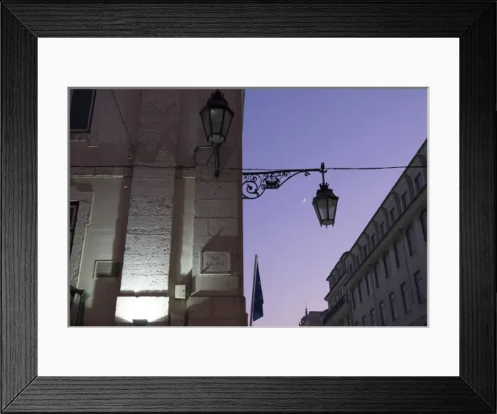 Framed Print : Portugal, Lisbon. Wrought iron street lights along Rua Augusta Framed Print : Portugal, Lisbon. Wrought iron street lights along Rua Augusta