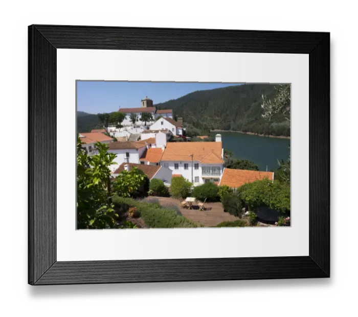 Framed Print : Portugal, Tomar, Castelo de Bode Dam and River Zezere. Tiled roofs of village houses