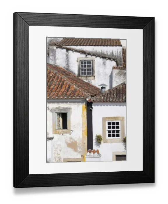 Framed Print : Portugal, Obidos. Ancient, red, terra cotta tiled roof tops, lines. Old windows Framed Print : Portugal, Obidos. Ancient, red, terra cotta tiled roof tops, lines. Old windows