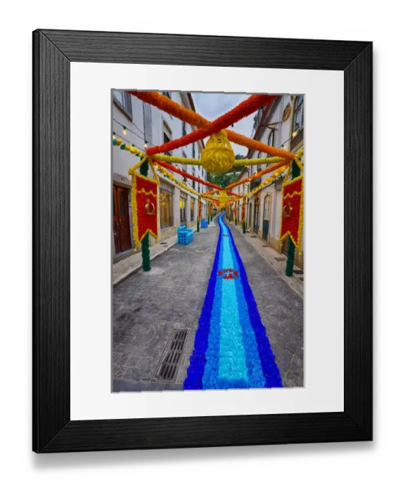Framed Print : Europe; Portugal; Tomar; The streets of Tomar decorated with paper flowers for the celebrations