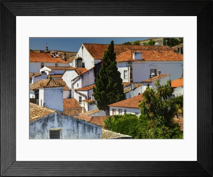 Framed Print : Europe; Portugal; Obidos; Elevated View of the town with the Red Roofs and special architecture
