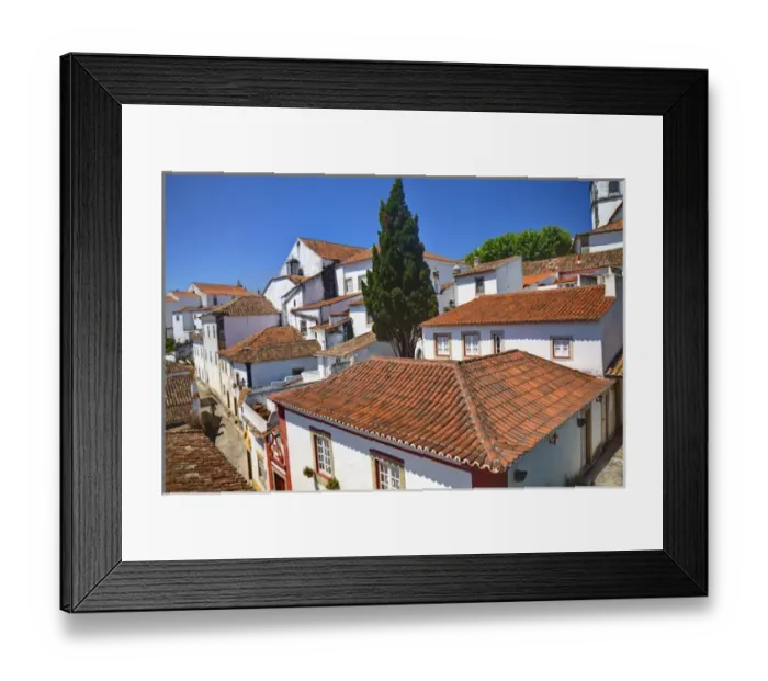 Framed Print : Europe; Portugal; Obidos; Elevated View of the town with the Red Roofs and special architecture