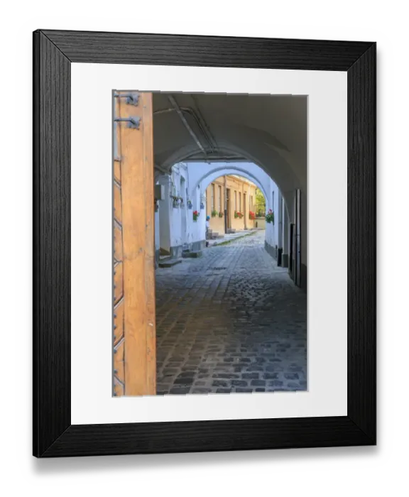 Framed Print : Europe, Romania, Brasov, cobblestone, narrow passage way, alleyway