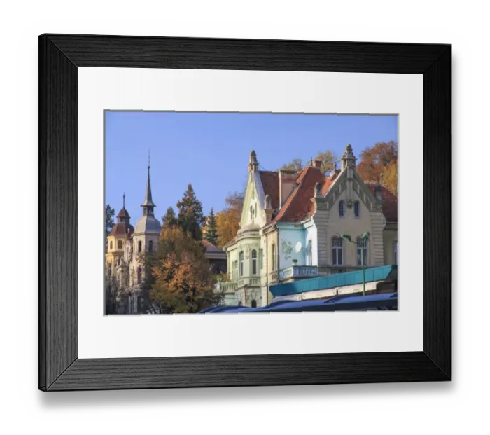 Framed Print : Europe, Romania, Brasov, Council Square, Piata Sfatului ornamental decorated buildings