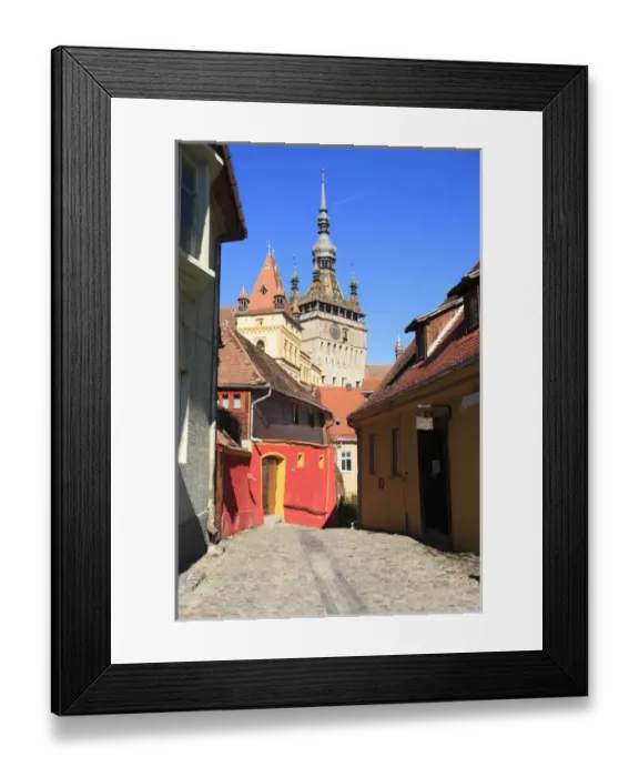 Framed Print : Europe, Transylvania, Romania, Mures County, Sighisoara, cobblestone residential street in village