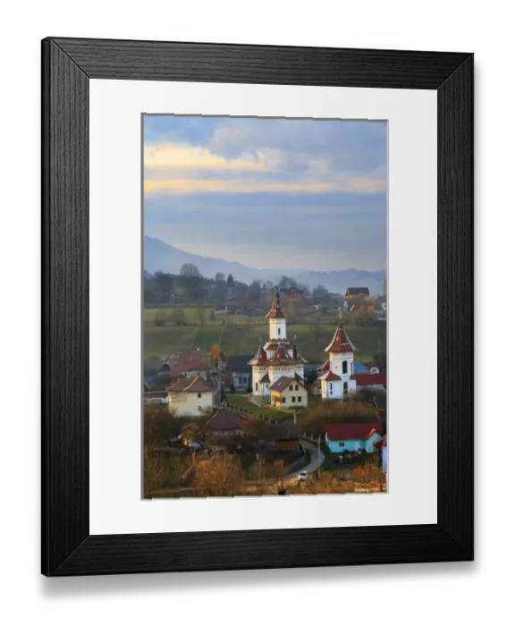 Framed Print : Europe, Romania, Bucovina, Campulung Moldovenesc, Fall colors. Churches in valley Framed Print : Europe, Romania, Bucovina, Campulung Moldovenesc, Fall colors. Churches in valley