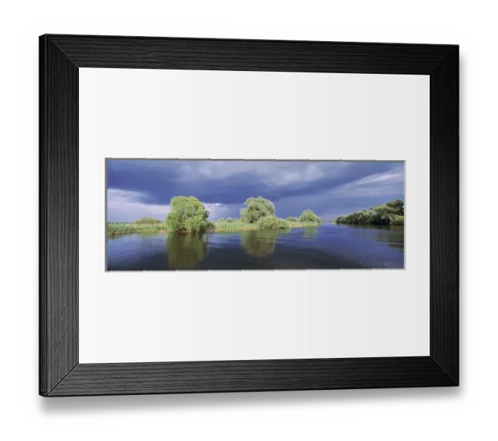 Framed Print : Panorama of lakes and channels in the Danube Delta, romania, thunderstorm clouds form in the air