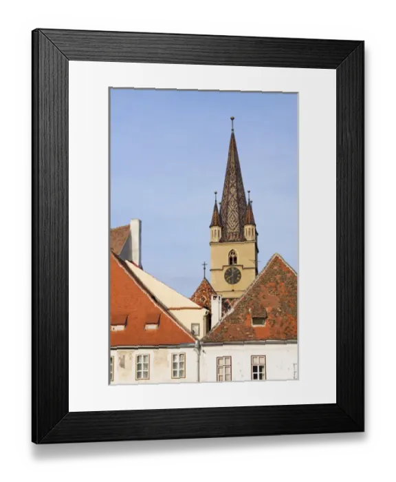 Framed Print : Sibiu, Hermannstadt in Transylvania, Protestant Church of the German saxon minority, steeple Framed Print : Sibiu, Hermannstadt in Transylvania, Protestant Church of the German saxon minority, steeple