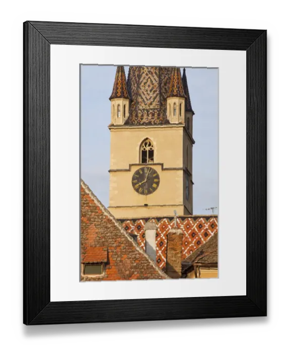Framed Print : Sibiu, Hermannstadt in Transylvania, Protestant Church of the German saxon minority, steeple Framed Print : Sibiu, Hermannstadt in Transylvania, Protestant Church of the German saxon minority, steeple