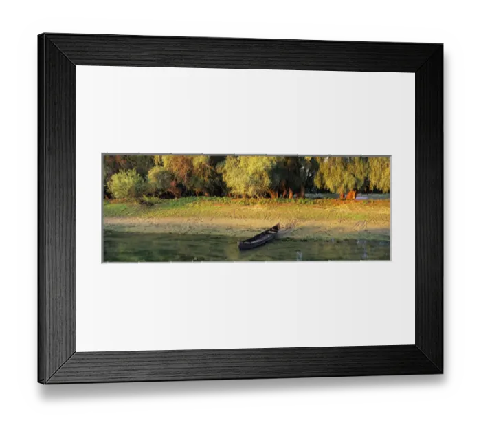 Framed Print : Panorama of Channel in the Danube Delta with fishing boat, romania. Big willows Framed Print : Panorama of Channel in the Danube Delta with fishing boat, romania. Big willows