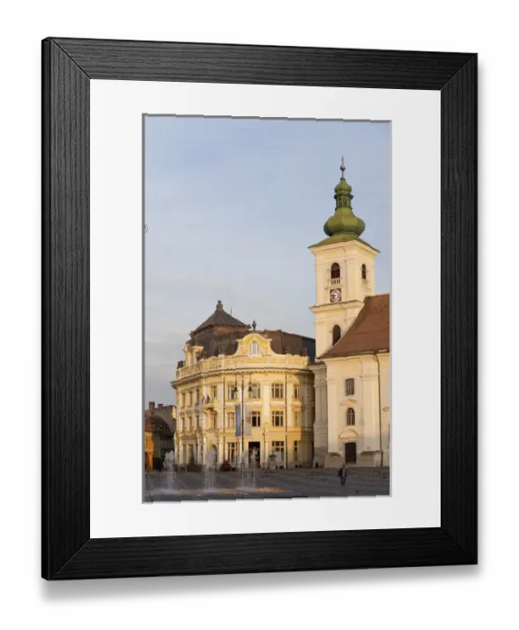 Framed Print : Sibiu, Hermannstadt in Transylvania, Piata Mare with town hall and roman catholic