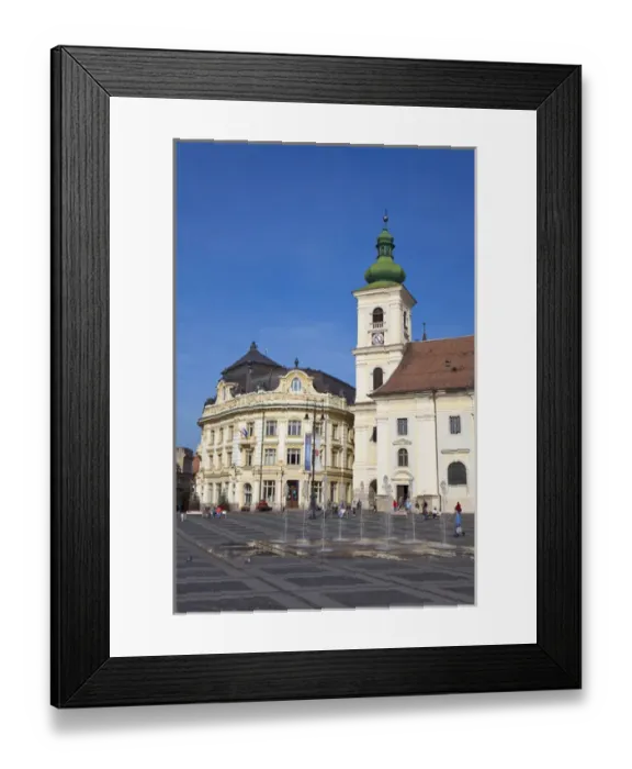 Framed Print : Sibiu, Hermannstadt in Transylvania, Piata Mare with town hall and roman catholic Framed Print : Sibiu, Hermannstadt in Transylvania, Piata Mare with town hall and roman catholic