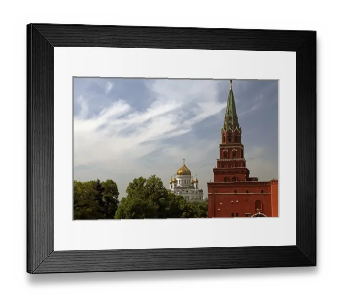 Framed Print : Europe, Russia, Moscow. Kremiln Tower with Cathedral of Christ the Savior in distance Framed Print : Europe, Russia, Moscow. Kremiln Tower with Cathedral of Christ the Savior in distance