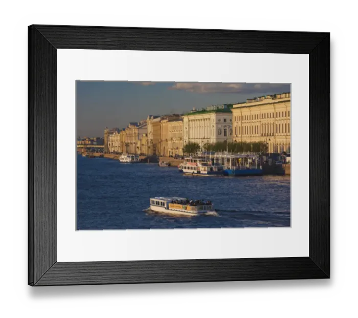 Framed Print : Russia, Saint Petersburg, Center, buildings on the Neva River, dusk