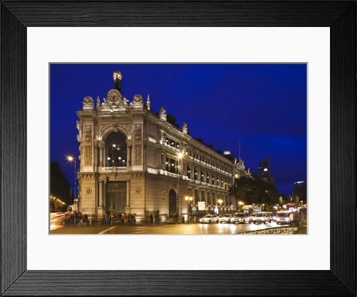 Framed Print : Spain, Madrid, Plaza de Cibeles, Banco de Espana building, dusk Framed Print : Spain, Madrid, Plaza de Cibeles, Banco de Espana building, dusk