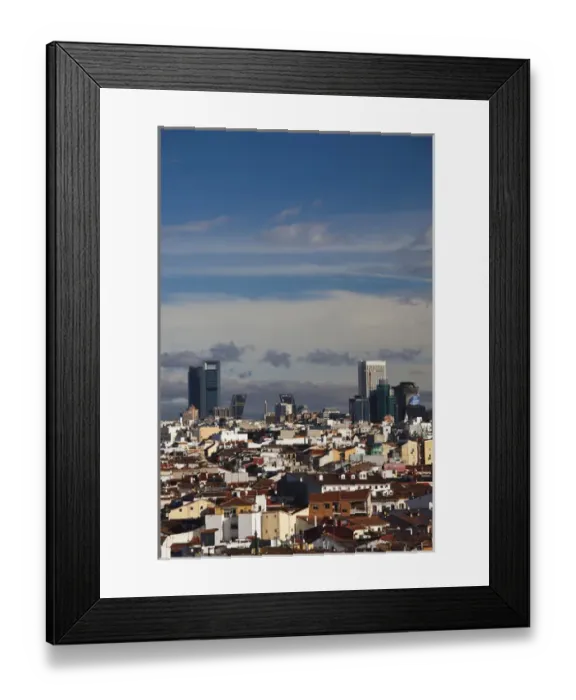 Framed Print : Spain, Madrid, Centro Area, elevated view of office towers in northern Madrid, morning Framed Print : Spain, Madrid, Centro Area, elevated view of office towers in northern Madrid, morning