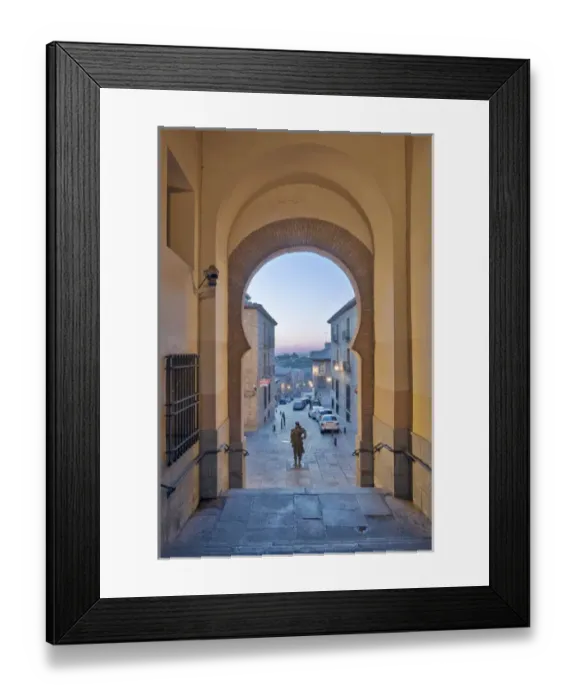 Framed Print : Europe, Spain, Toledo, Gate to Zocodover Square (Plaza Zocodover) at Dawn